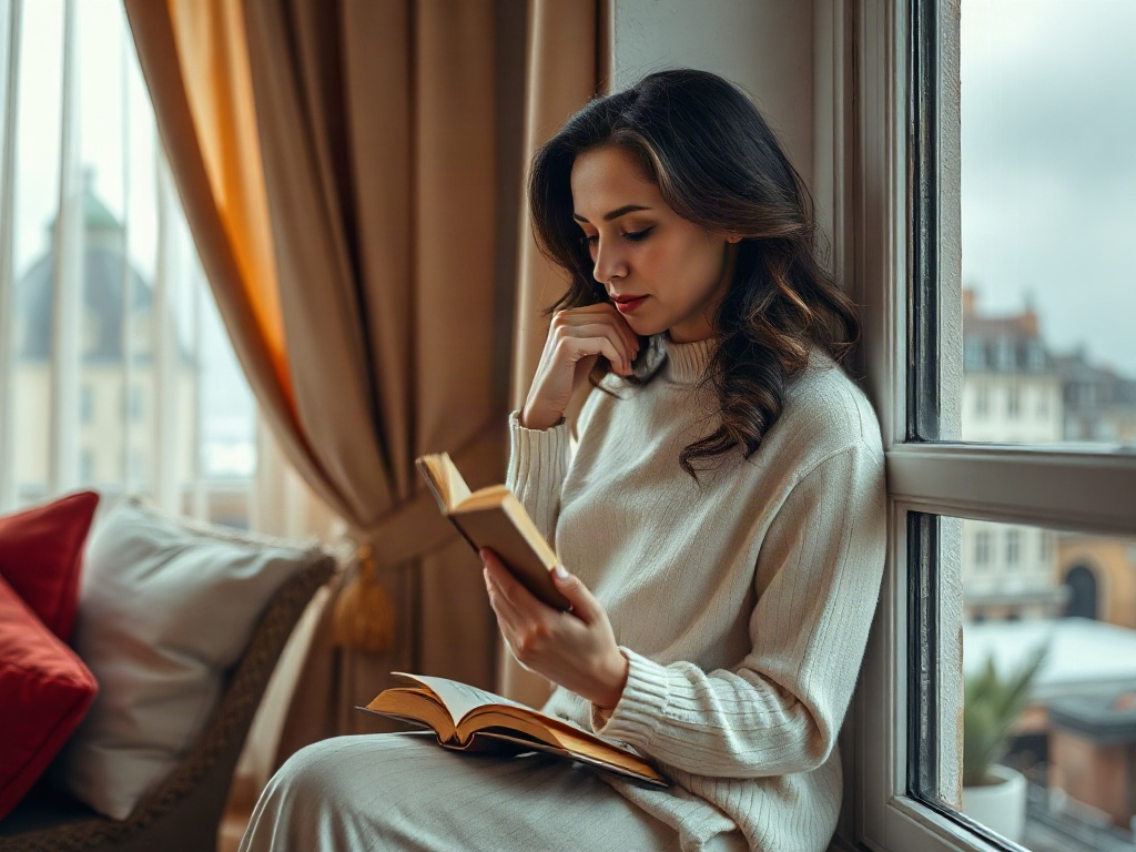 Женщина в светлом свитере читает книгу у окна, за которым виден городской пейзаж.