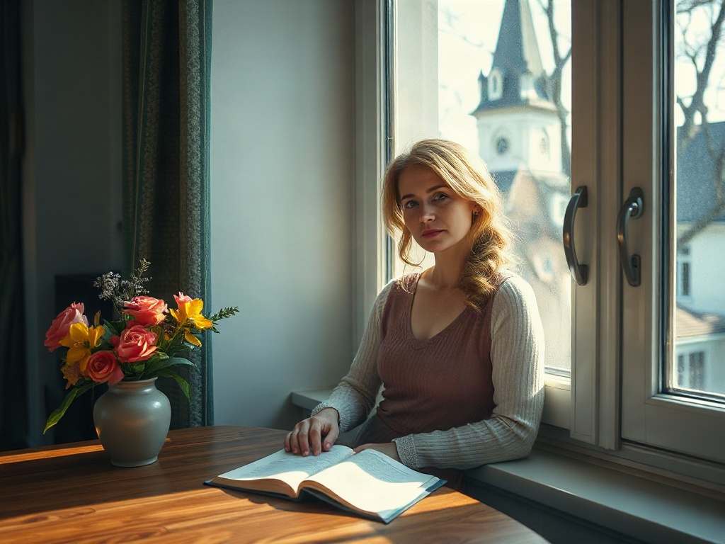 Девушка с длинными волосами сидит у окна с книгой и вазой цветов на деревянном столе. За окном видна церковь.